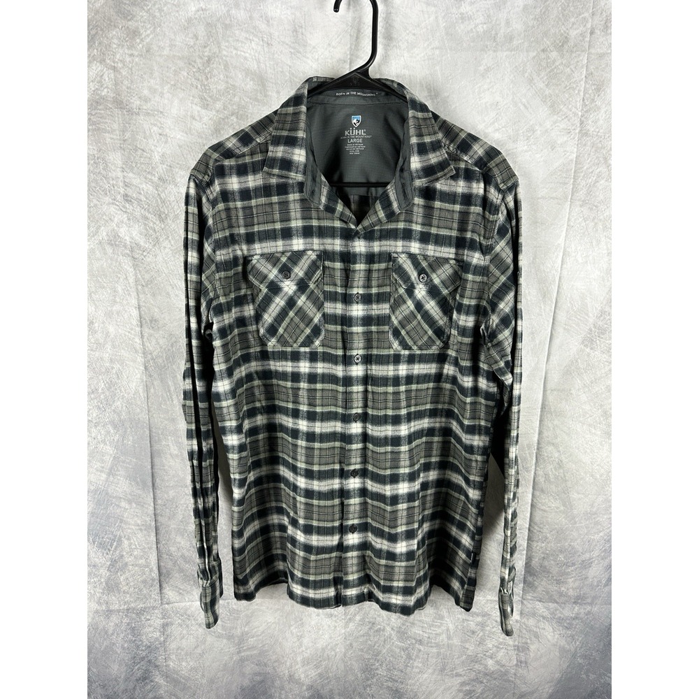 KUHL Shirt Mens Large Green Plaid Long Sleeve Flannel Button Up Outdoor Hiking